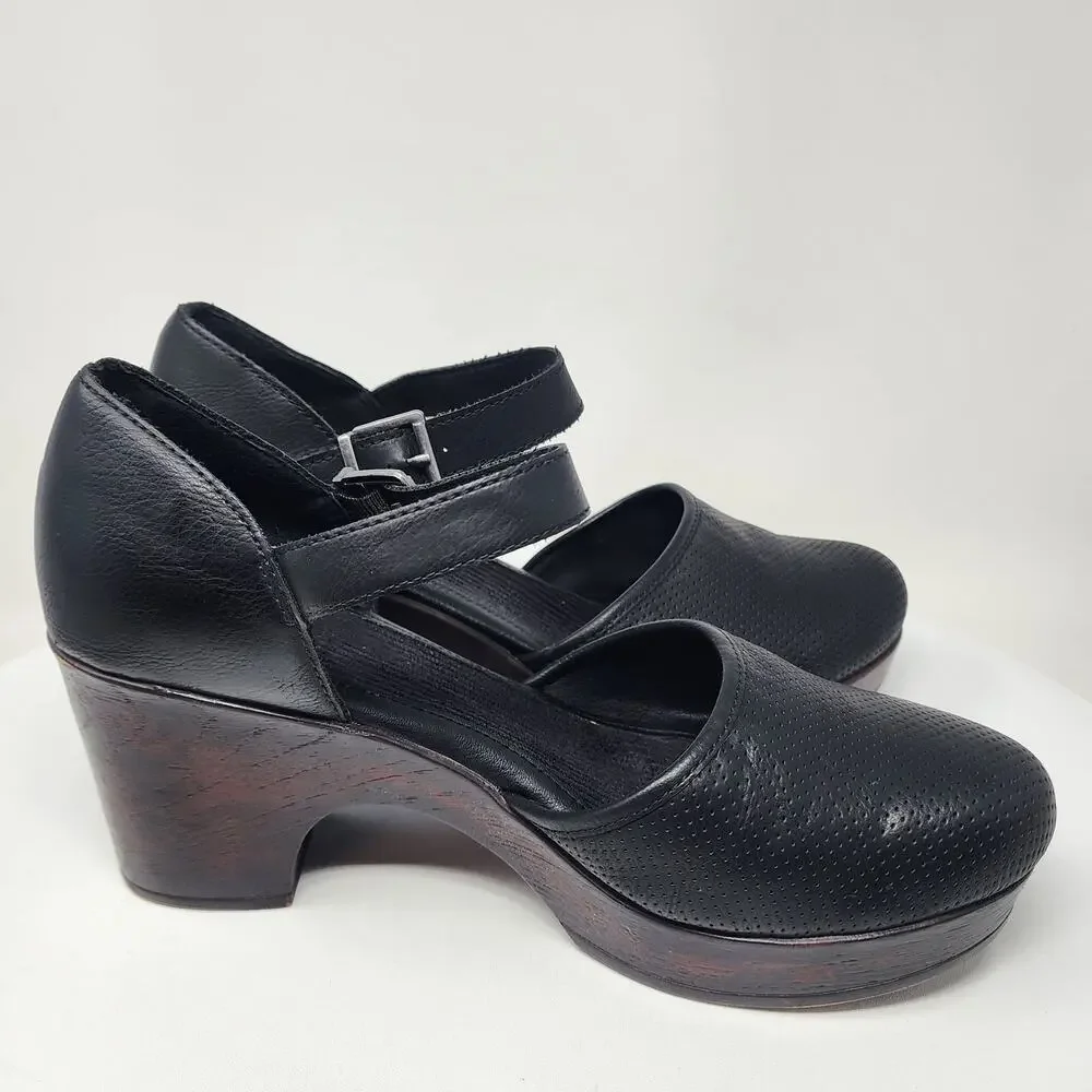 B.O.C Born Gia Mary Jane Wood Clog Women 11M Black ankle Strap Perforated Vamp